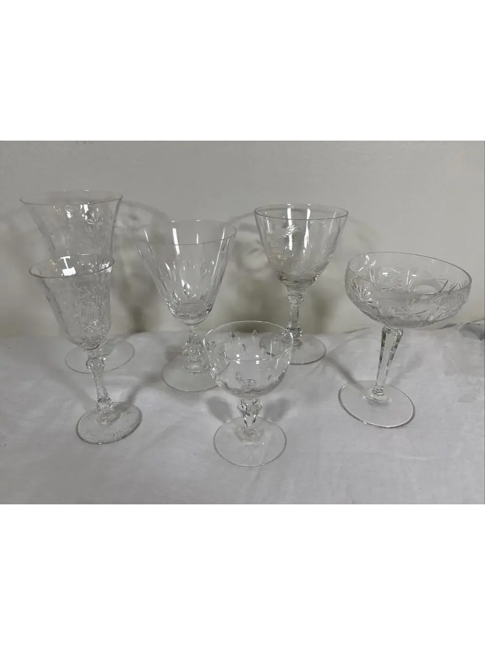 Vintage Etched Crystal Wine & Cocktail Glasses – Set of 6 Mismatched Lot